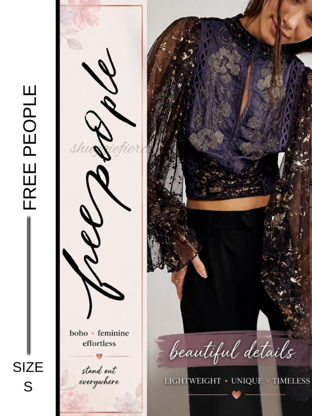 MSRP: $198 |✨ Free People Camille Top – Size S | Balloon Sleeves, & Gold Foil ✨